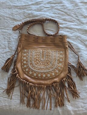 Mahiya Fringed Woven Detail Crossbody Bag - Tan